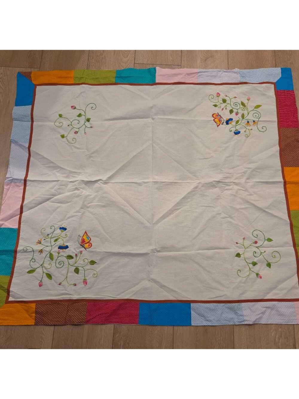 Vintage 46x50" Reversible Boho Tablecloth Embroidered Floral Butterfly Patchwork